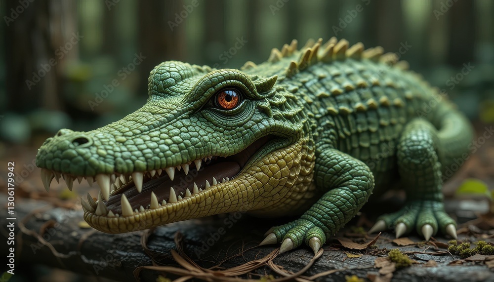 Obraz premium Detailed Green Crocodile Figurine Posing in Forest Setting High Quality Reptile Model