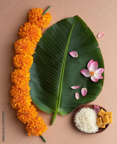 A large green banana leaf marigold flowers and lotus petals. On the leaf is also a flower garland in pink. photo