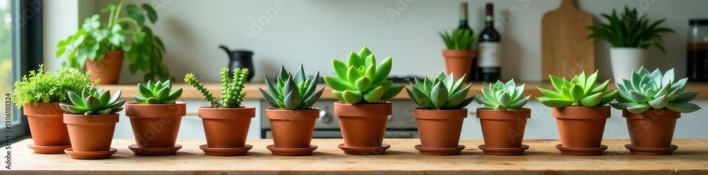 Fototapeta premium Succulent collection neatly arranged on kitchen countertop, desert plants, home decor