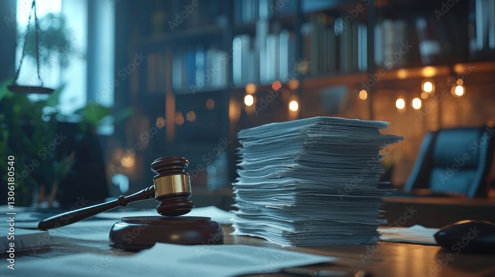 Fototapeta premium A gavel rests beside papers in a dimlit room