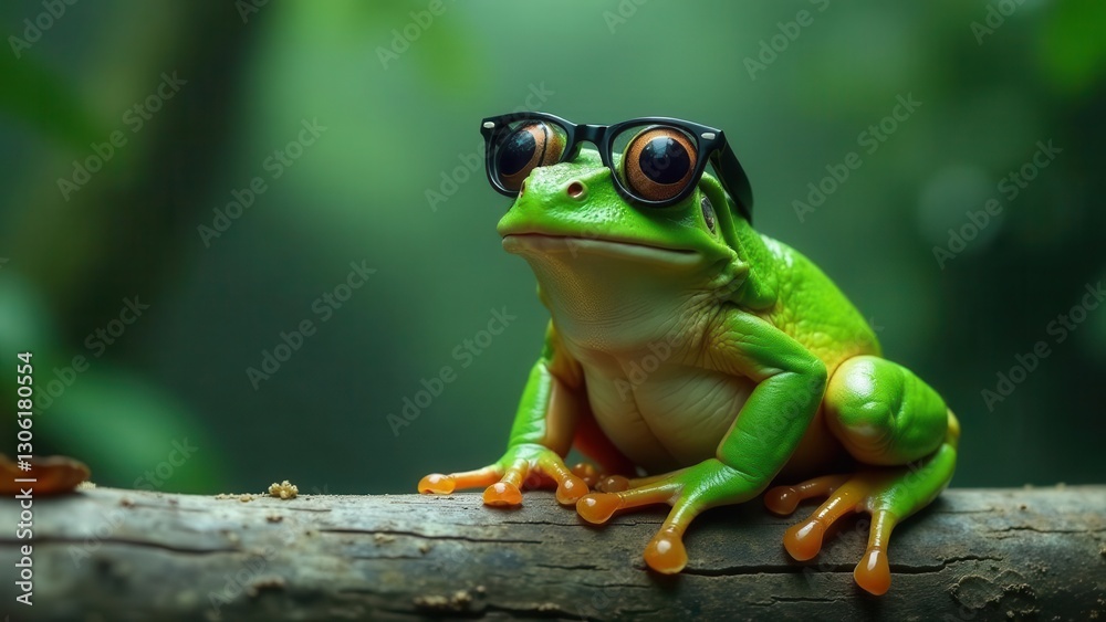 Naklejka premium A green amphibian wearing spectacles perched on a weathered log in a lush, verdant environment