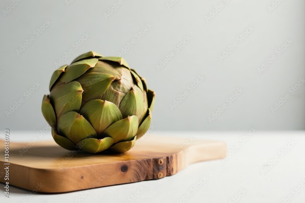 Fototapeta premium A single artichoke rests on a light-colored wooden cutting board against a neutral backdrop