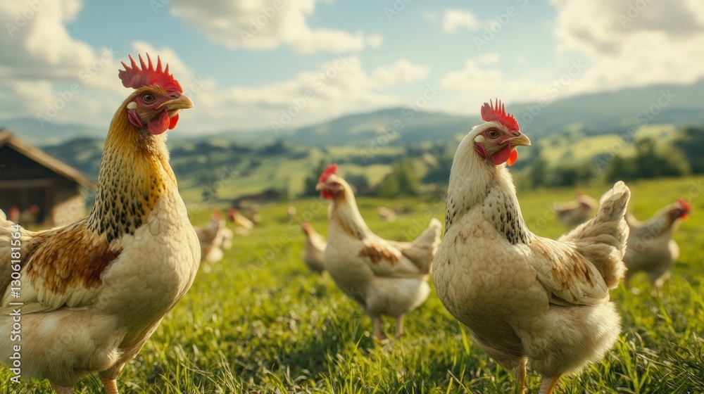 Fototapeta premium Free-range chickens graze idyllic mountain pasture
