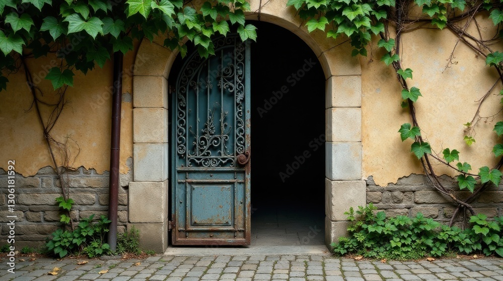 Fototapeta premium A weathered, ornate iron gate, slightly ajar, reveals a shadowed passageway beyond, nestled within a vine-covered stone archway.