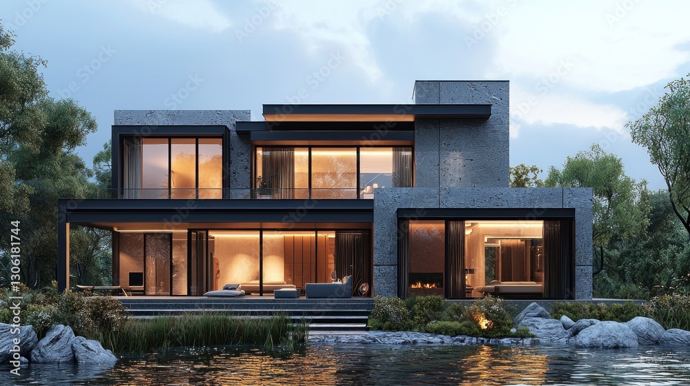 Fototapeta premium A modern architectural home sits lakeside with evening lighting