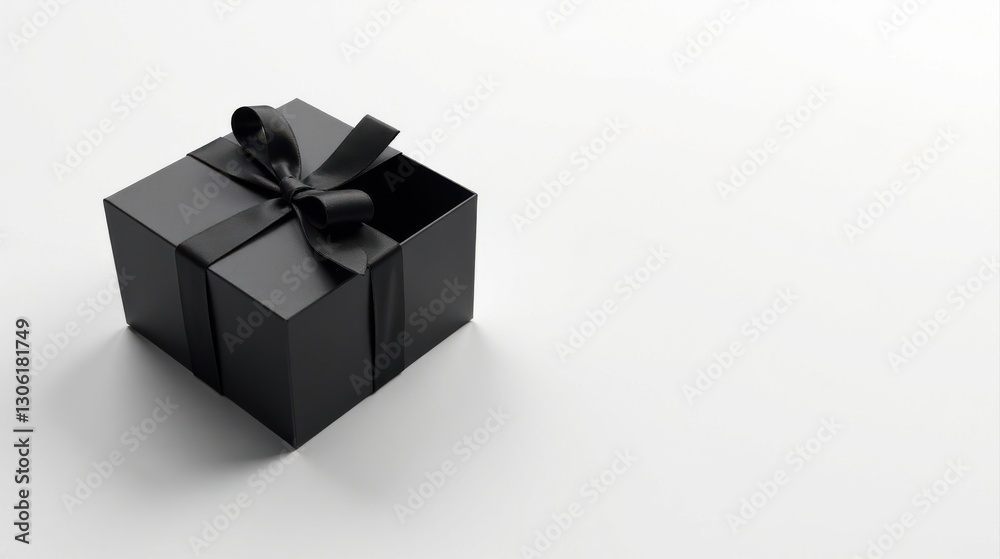 A single, elegant black gift box with a satin ribbon, slightly ajar, rests on a minimalist white background, symbolizing anticipation and the mystery of an unopened present. A single, elegant black gift box with a satin ribbon, slightly ajar, rests on a minimalist white background, symbolizing anticipation and the mystery of an unopened present.