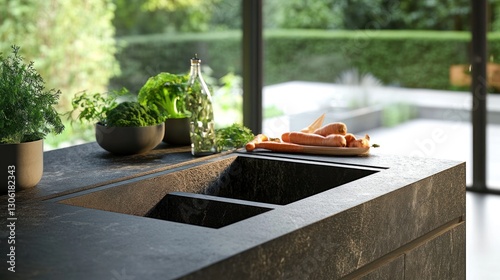 Modern kitchen sink, vegetables, garden view, cooking prep