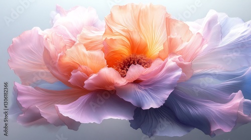 Soft light illuminates delicate peach and lavender flower petals artfully arranged. AI Generated