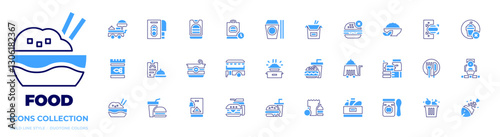Food icon collection. Bold line style. Duotone colors. food truck, healthy, burger, service, fast food , leftover, factory, food cart , food box , food