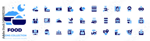 Food icon collection. Bold style. Duotone colors. fast food, crusher, diet, food, food box, food waste, nutrient, food cart, food stall , diet food
