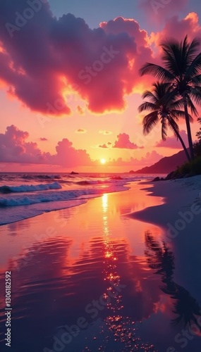 Sunset paints the beach sky in fiery oranges and soft pinks, water mirroring the vibrant hues , evening, paradise