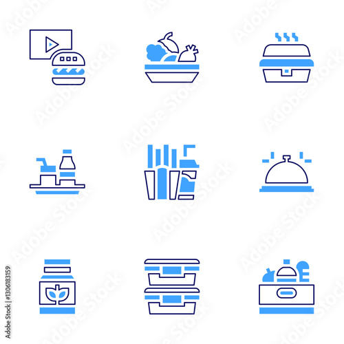 Food icon set. Bold line style. Duotone colors. Editable stroke. supplies, food container, food tray, fast food , organic food, raw food, food