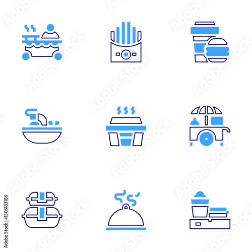 Food icon set. Bold line style. Duotone colors. Editable stroke. tom yum, food cart , food stall, hot food, food delivery , fast food , food , food container