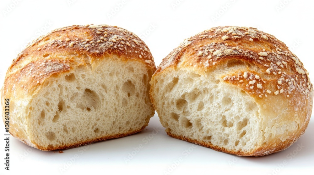 On a white background, two halves of sourdough bread showcase their rustic interiors filled with large holes On a white background, two halves of sourdough bread showcase their rustic interiors filled with large holes