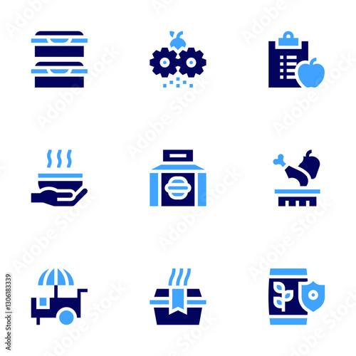 Food icon set. Bold style. Duotone colors. crusher, diet, food, food box, food waste, food cart, food package, food storage, food safety