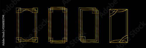 Great Gatsby deco frame collection with gold geometric borders on black background. Minimalist art nouveau style metallic outlines for luxury invitations, certificates or vintage design elements.