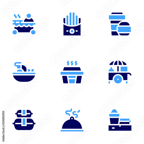 Food icon set. Bold style. Duotone colors. tom yum, food cart , food stall, hot food, food delivery , fast food , food , food container