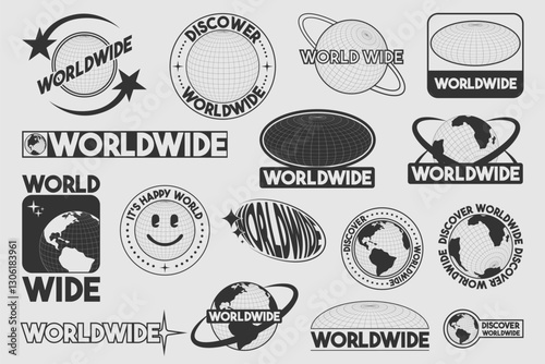Y2k globe stickers with worldwide text and retro earth spheres in monochrome style. Digital planet emblems collection for millennium era branding, nostalgic web design or vintage tech aesthetics.