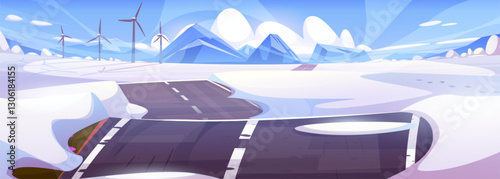 Winter highway road through snowy field with wind turbines and mountain peaks in background. Empty landscape with hills under cloudy sky. Cartoon rural transportation path on snow covered terrain.