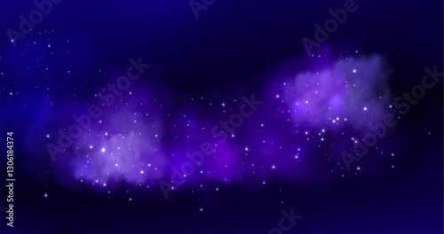 Sparkly purple smoke cloud or fog on dark background. Magical mist with glowing particles and stars. Fantasy nebula texture. Mysterious hazy effect for mystical designs or fairy tale illustrations.