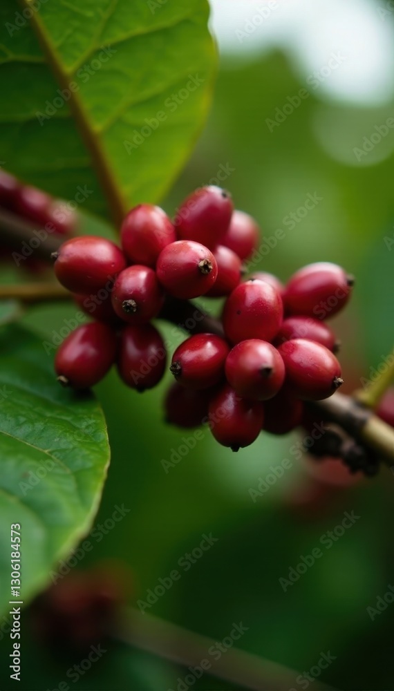 Vibrant red coffee berries ripening on a healthy Costa Rican coffee plant , robusta, coffea, nature Vibrant red coffee berries ripening on a healthy Costa Rican coffee plant , robusta, coffea, nature