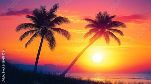 A tropical sunset over the beach, surrounded by palm trees during a summer holiday