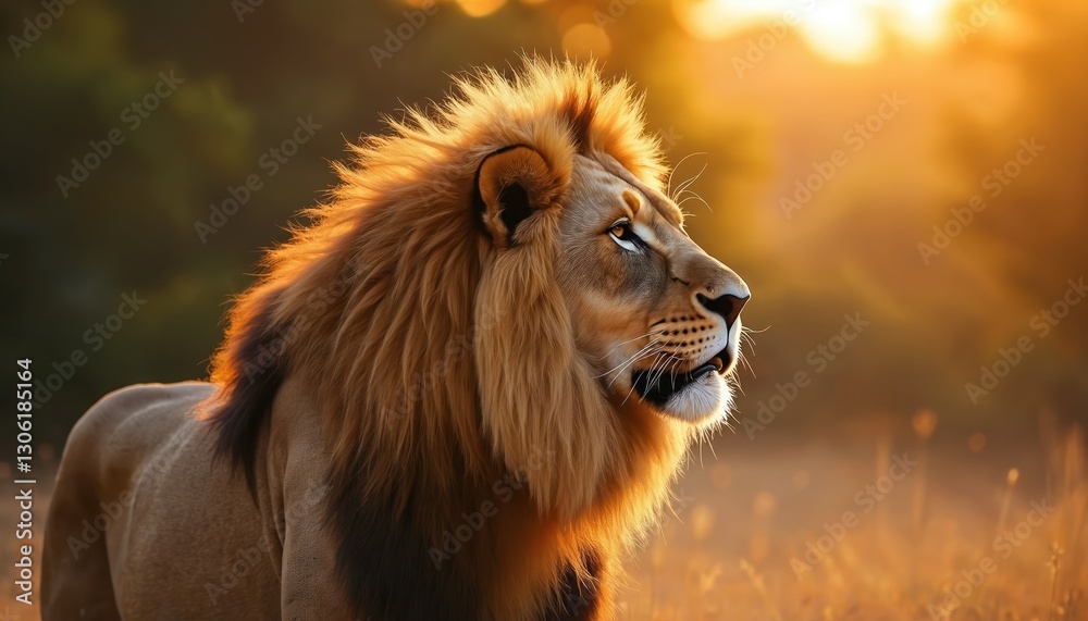 Obraz premium Majestic lion illuminated by warm golden sunlight, bokeh background. Wild feline predator power, strength, serenity in wildlife, untamed nature. Perfect animal photo embodies calm, peacefulness,