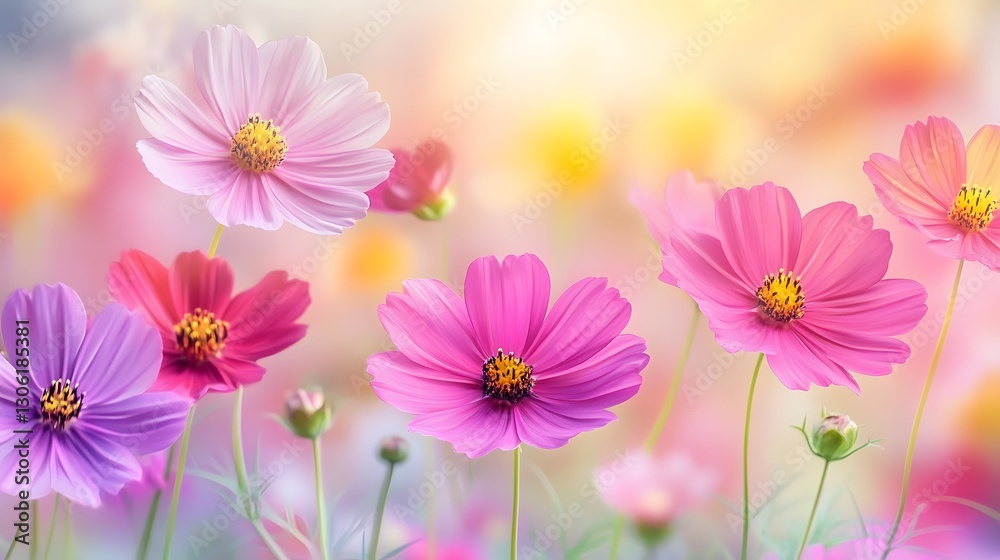 Vibrant Pink Cosmos Flowers in Soft Bokeh Background Vibrant Pink Cosmos Flowers in Soft Bokeh Background