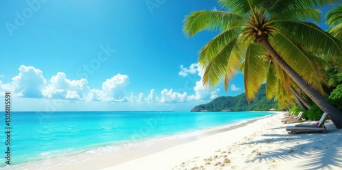 White sand, lush palm trees leaning towards azure sea, sea, summer, clear