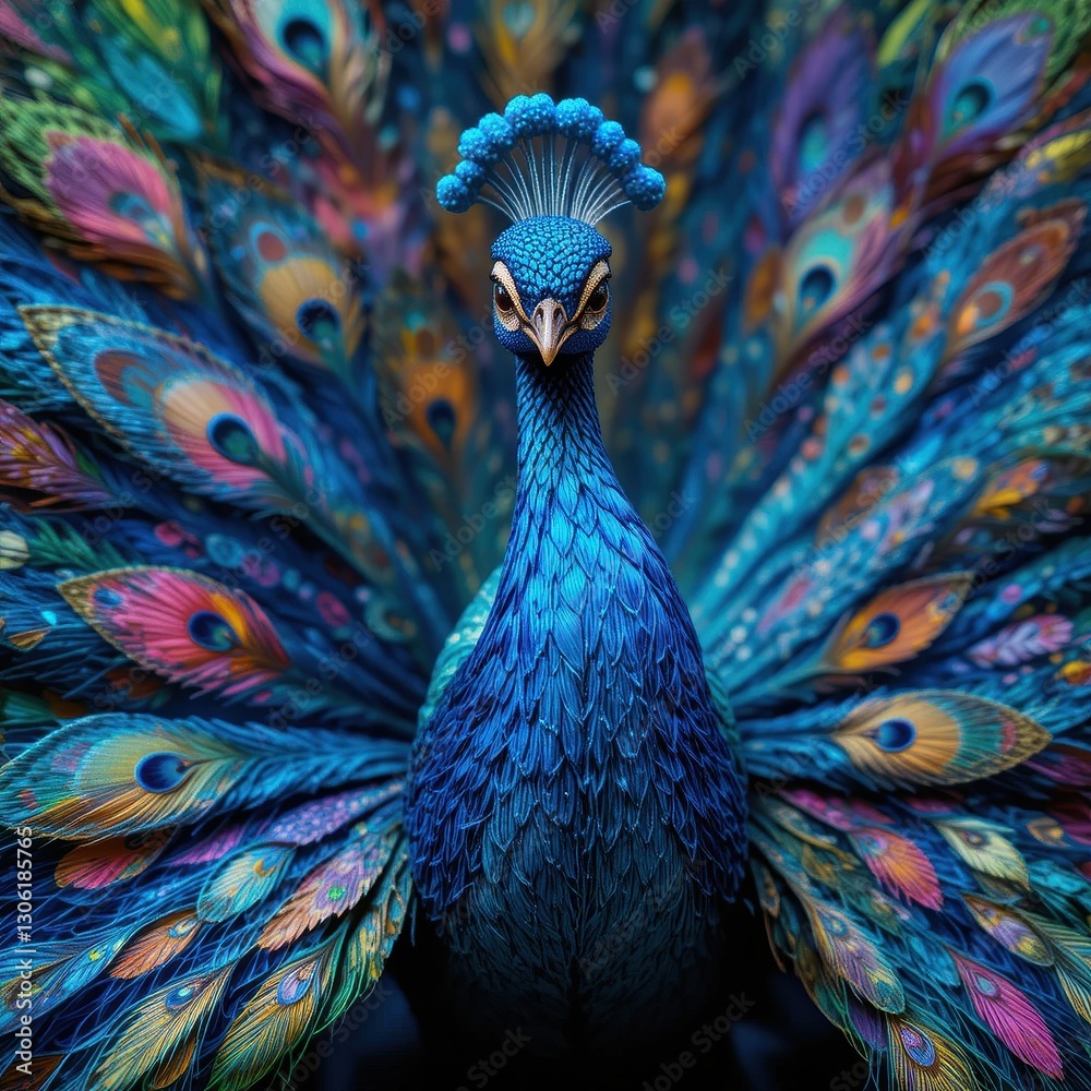 Fototapeta premium Majestic Peacock with Vibrant Tail Feathers Displaying Exquisite Colors and Details