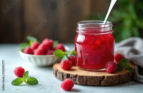 Raspberry jam in glass jar with spoon. Fresh berries in bowl on wooden board. Sweet dessert, homemade marmalade. Menu design, banner template, cooking recipe ingredient, healthy eating concept.