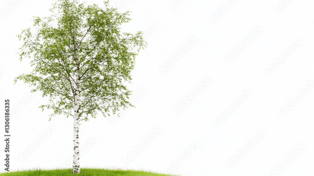 Fototapeta premium Vibrant Green Birch Tree on Lush Grass Against a Bright Background
