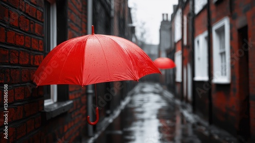 Bright Red Umbrella Hangs in Rainy Alley with Gray Brick Walls