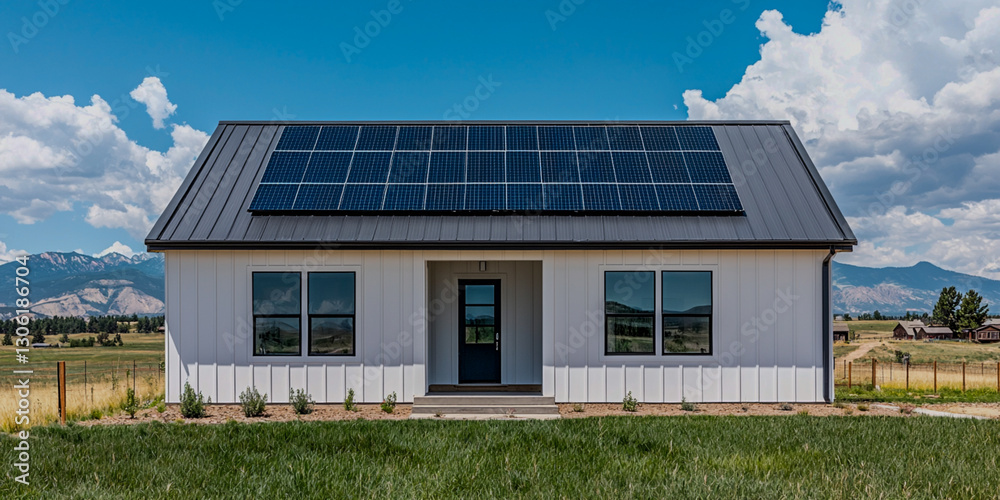 A modern house featuring solar panels on the roof, set against a backdrop of blue skies and mountains, surrounded by green grass.