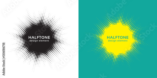 Set of black halftone grunge circle. Vector modern dots halftone arts. Halftone circle frame background set. Round border Icon using halftone random circle. Grunge circular stain. Vector illustration.