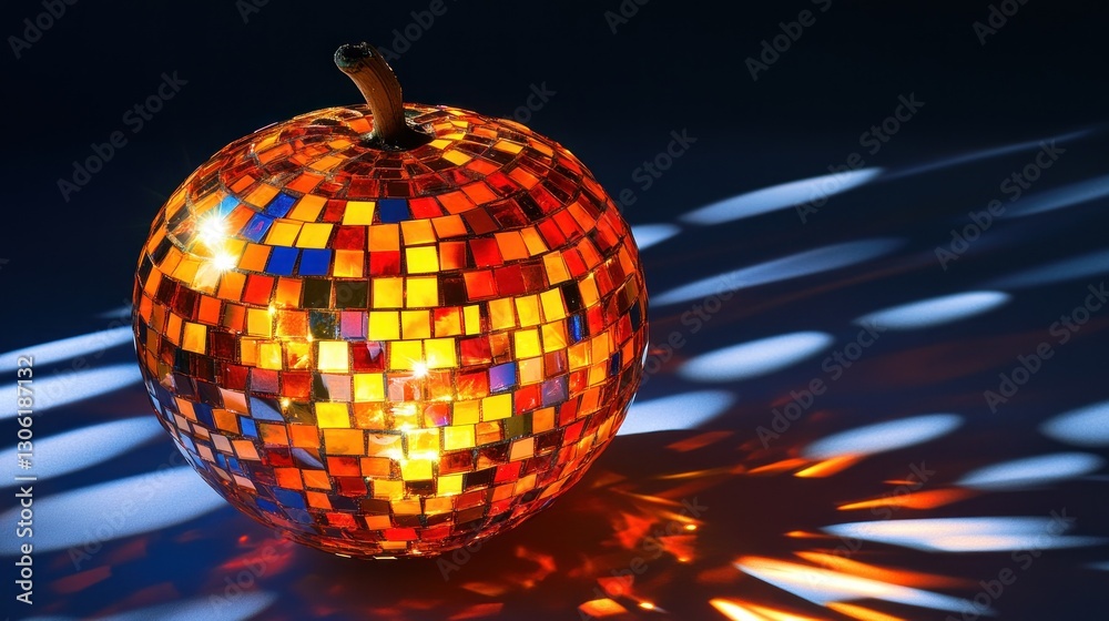 Obraz premium Illuminated disco apple glowing, studio shot, dark background, party decor