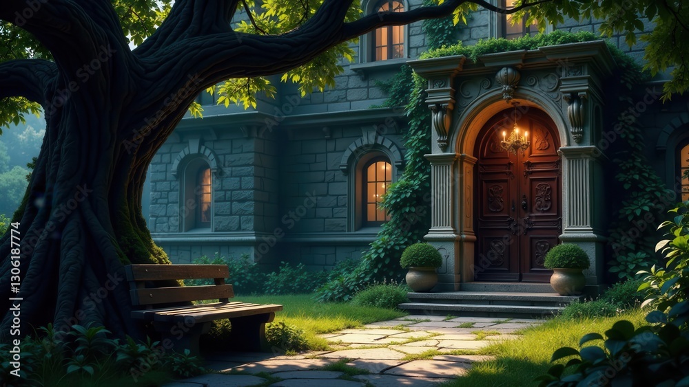 Fototapeta premium Serene Evening at a Stone Mansion with Ornate Doorway and a Lush Garden