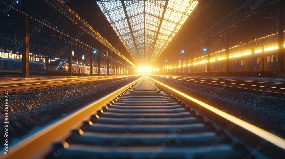 Fototapeta premium Golden sunset train station tracks, railways, transportation, journey, travel, hope, future, platform