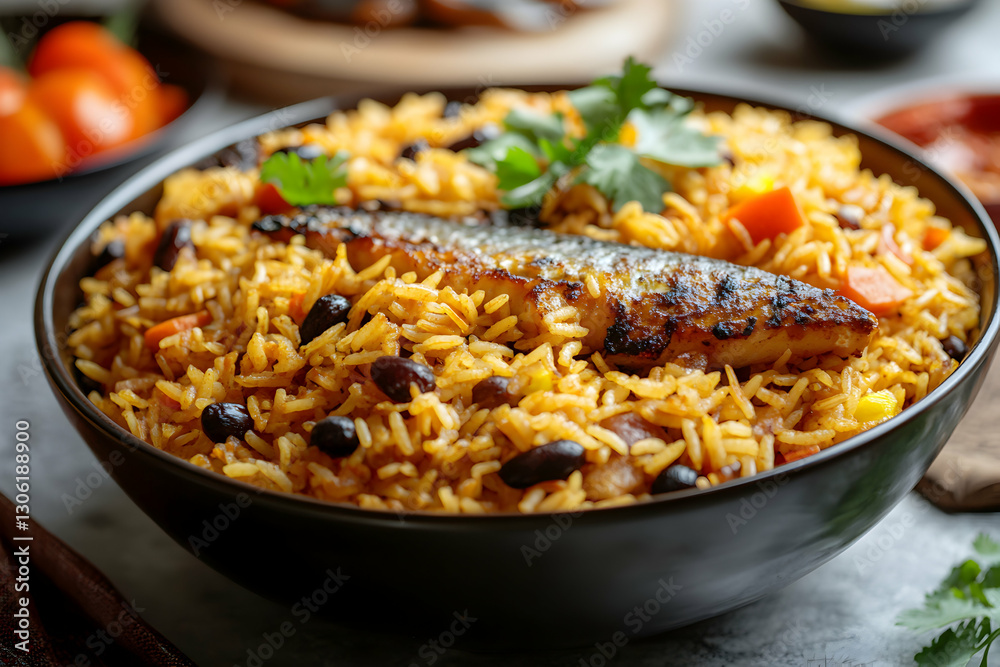 Authentic Gambian Benachin Dish with Fish, Rice, and Vegetables Presentation Authentic Gambian Benachin Dish with Fish, Rice, and Vegetables Presentation