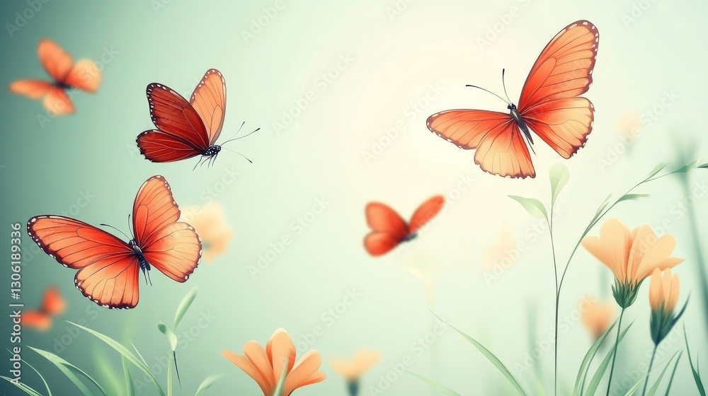 Watercolor butterflies glide over a meadow, creating a natural spring scene Watercolor butterflies glide over a meadow, creating a natural spring scene