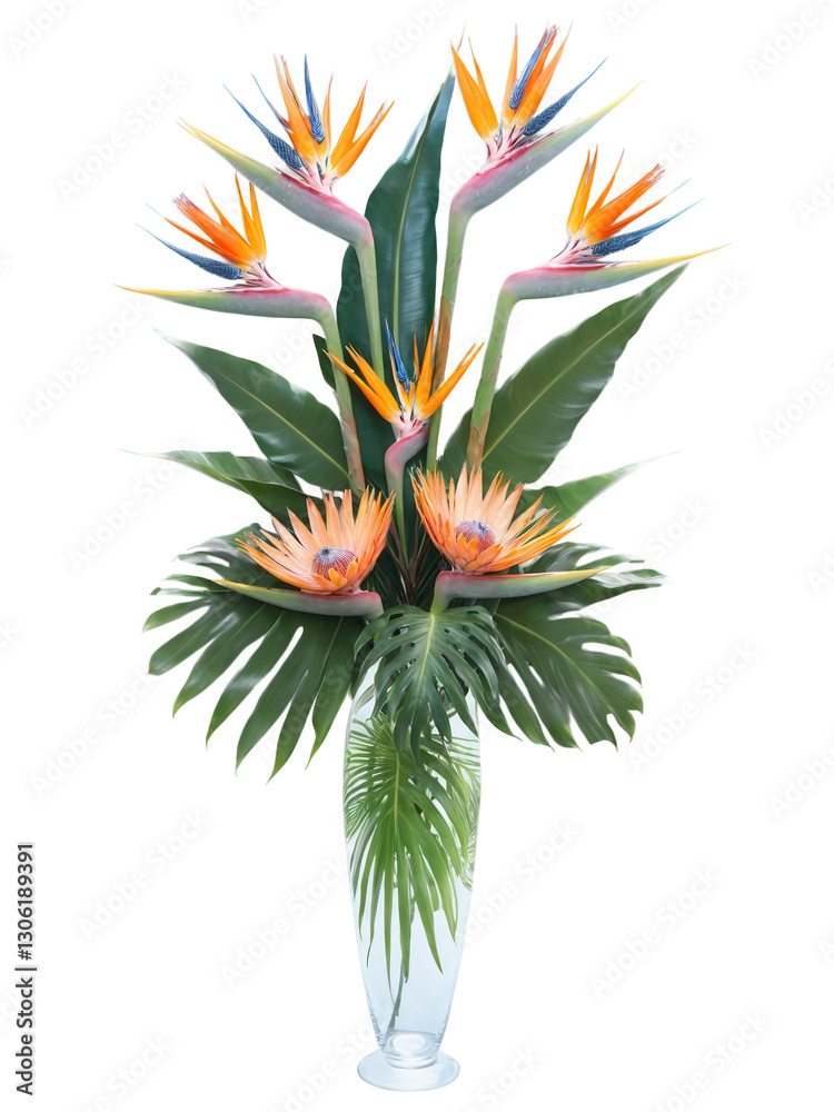 Fototapeta premium Tropical Breeze (Birds of Paradise Protea Palm Leaves) bold, large vase filled with crystal-clear water, holding a stunning