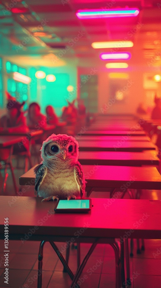 Naklejka premium Owl using a tablet in a classroom. AI.