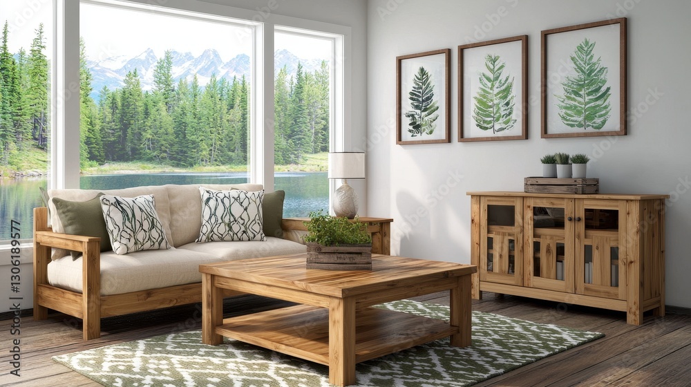 Modern Rustic Living Room with Natural Light and Scenic View Modern Rustic Living Room with Natural Light and Scenic View