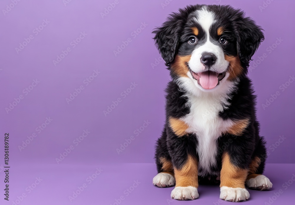 Adorable Bernese Mountain Dog Puppy Sitting on a Purple Background with a Happy Expression and Bright Eyes, Perfect for Family and Pet Themes