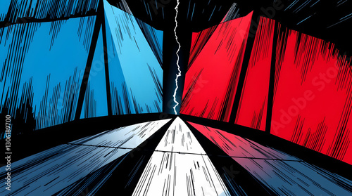 Divided image with blue and red sections, separated by a white streak and a lightning bolt, creating a sense of conflict and division.
