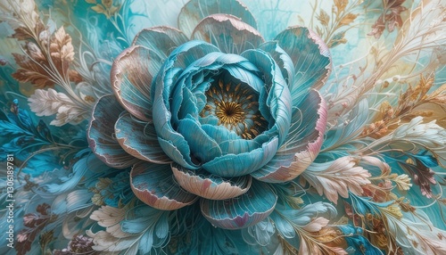 Exquisite Teal Silk Flower Closeup Teal Floral Artwork Elegant Botanical Design