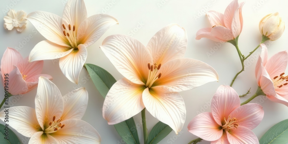 Fototapeta premium Delicate pastel lilies and blossoms arranged artfully on a soft white background, showcasing their elegant petals and subtle color variations in a serene floral composition.