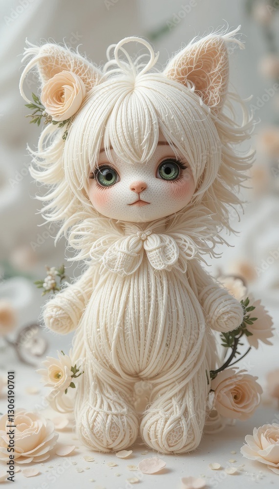 Adorable Yarn Cat Doll with Flowers Handmade Craft Cute Kitten Toy Adorable Yarn Cat Doll with Flowers Handmade Craft Cute Kitten Toy