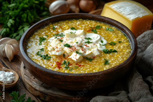 Authentic montenegrin kacamak dish with cheese and parsley garnish