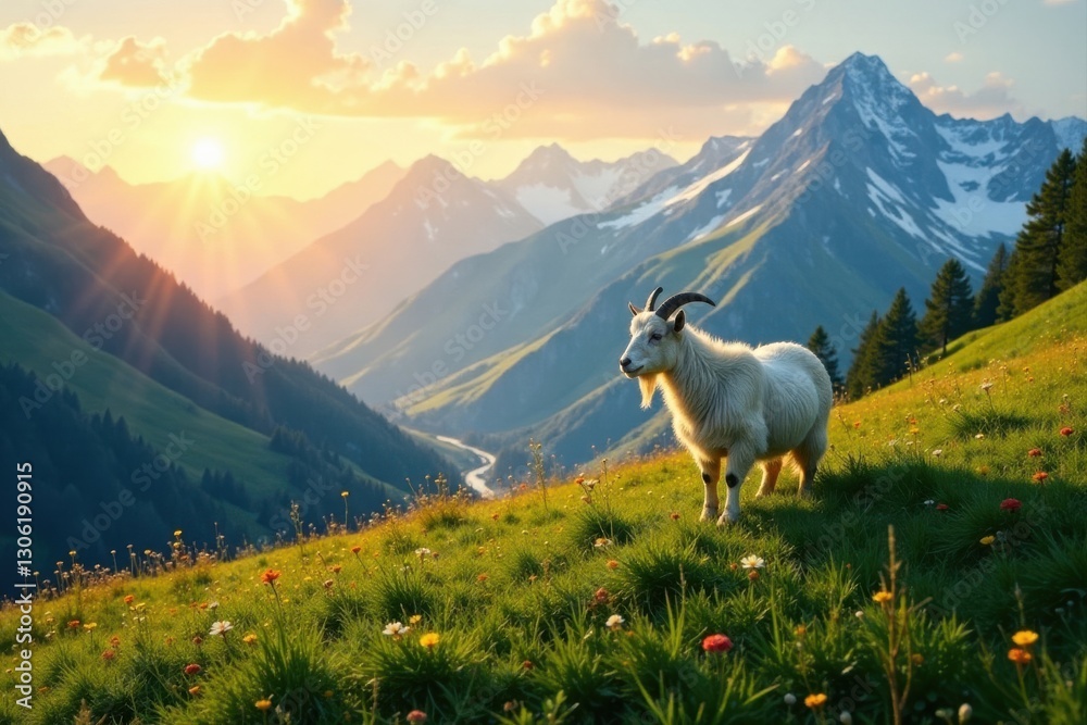 Obraz premium Serene Sunset A lone, majestic goat peacefully grazes in a vibrant alpine meadow, bathed in the golden light of the setting sun, overlooking a breathtaking mountain panorama.
